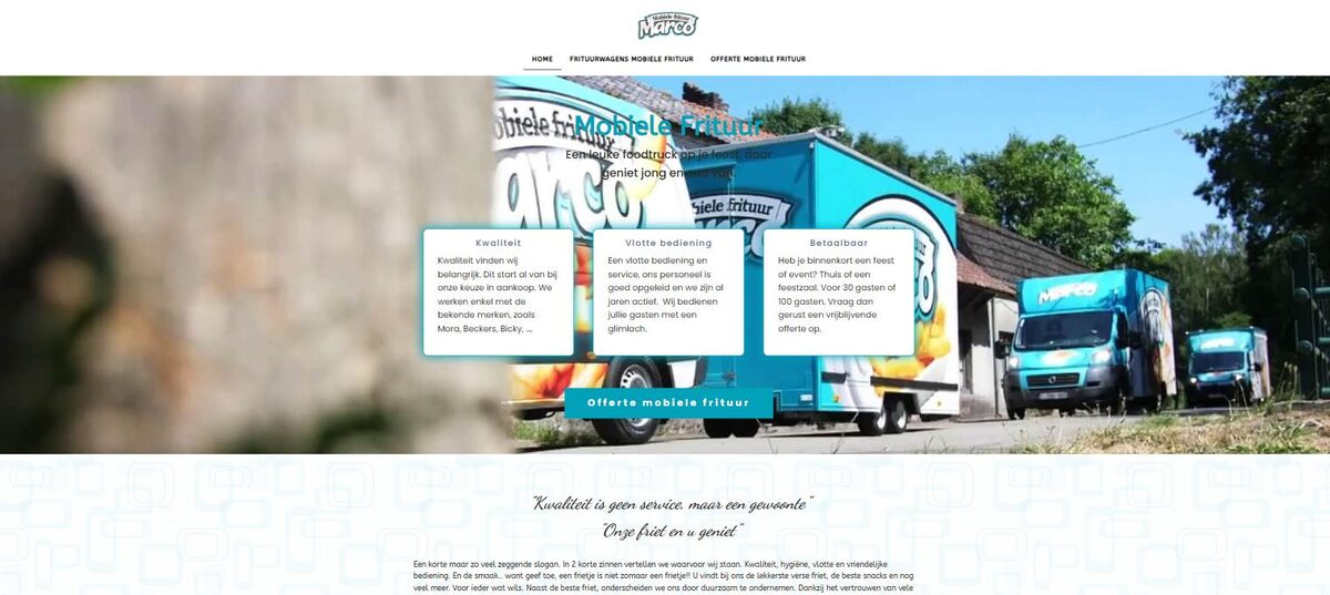 Startpagina van mobielefrituurmarco.be, mobiele frituur voor feesten