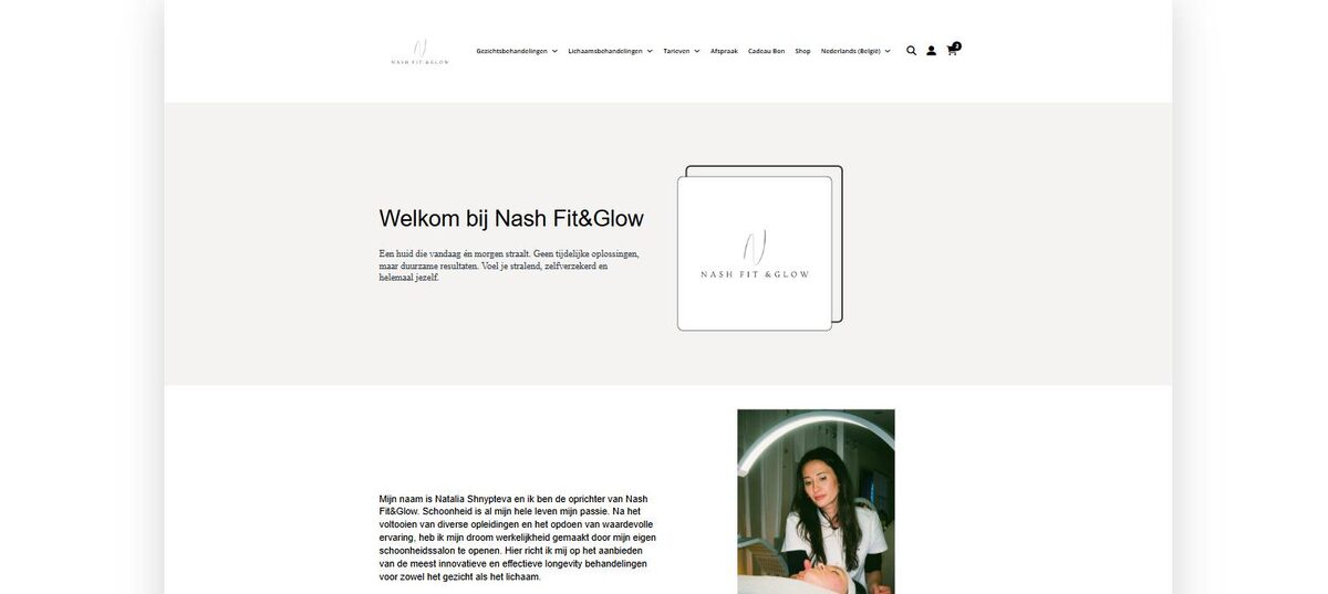 Startpagina van nashfit.be, beautysalon met online boekingen en webshop