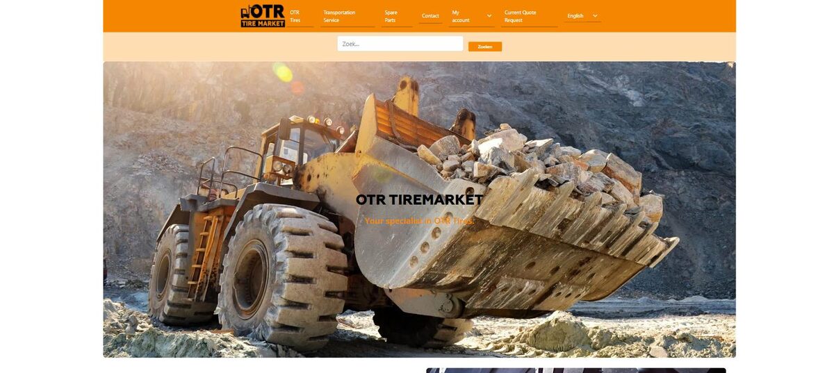 Startpagina van otrtiremarket.com, meertalige webshop voor OTR-banden